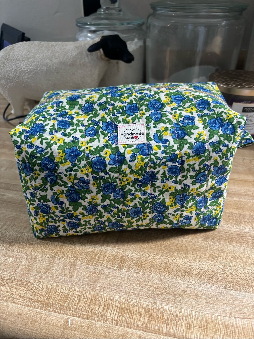 Handmade Blue Floral Cotton Pouch with Green and Yellow Accents